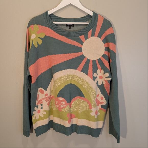 Originality Mushroom Rainbow Floral Sweater Bold Whimsical Style - Size M - Picture 1 of 7